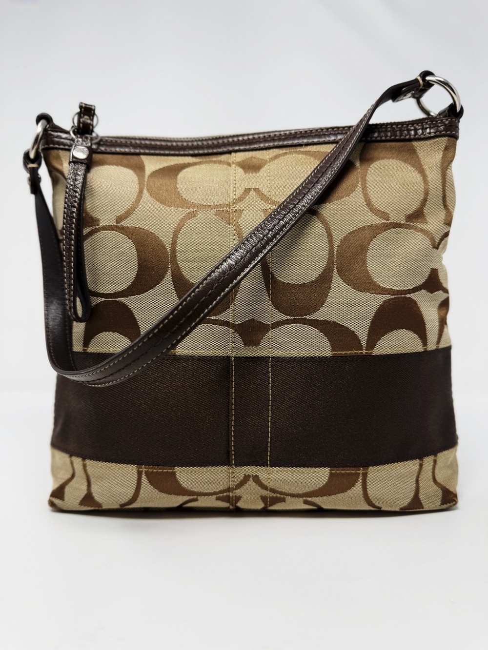 Coach F13674 Signature C Canvas Shoulder Bag Khaki Brown Leather Trim Zip Top